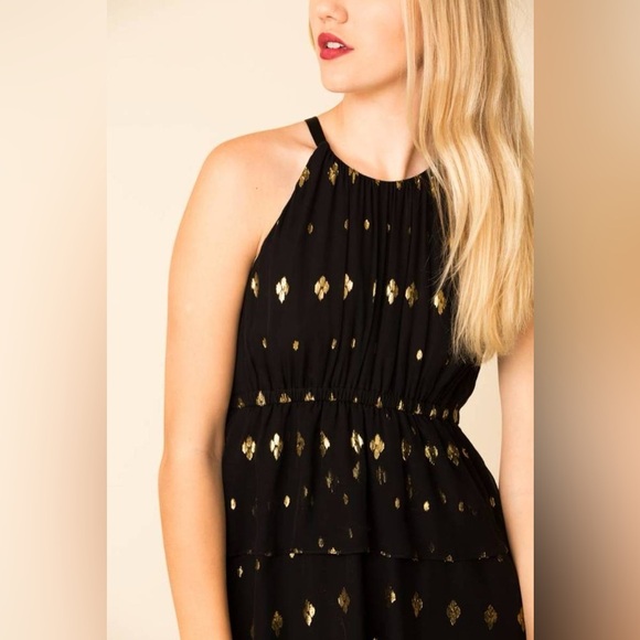 ALC Rosa Silk Black Gold‎ Metallic Halter Midi Length Dress 2 Asymmetric Ruffle - Picture 3 of 11